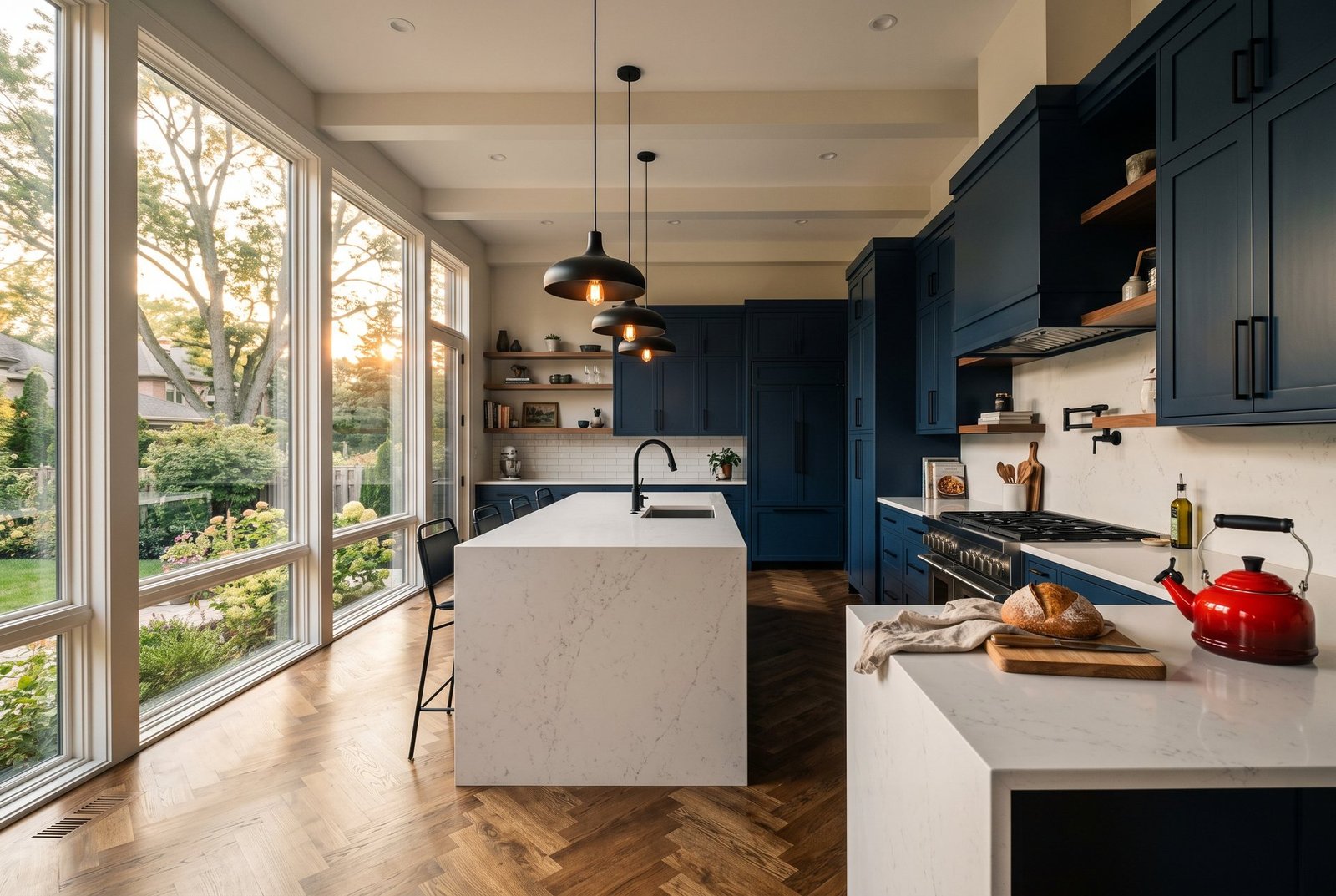 Remodeled kitchen at golden hour